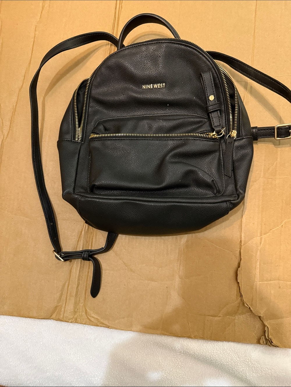 Nine West Black Mini Faux Leather Backpack with Gold Accents
